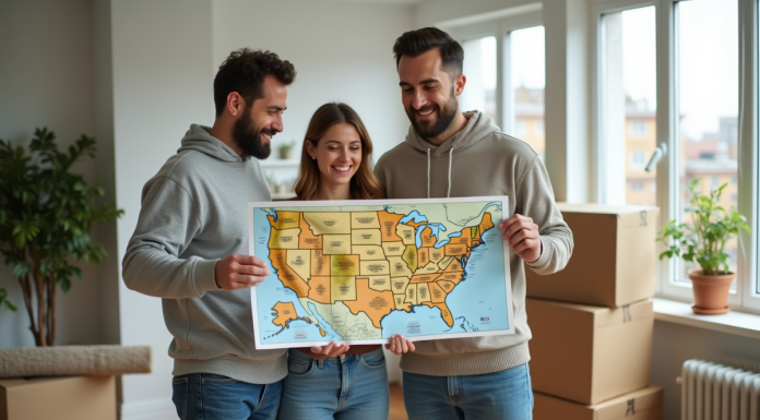 Couple souriant avec carte des Etats-Unis dans leur nouveau logement