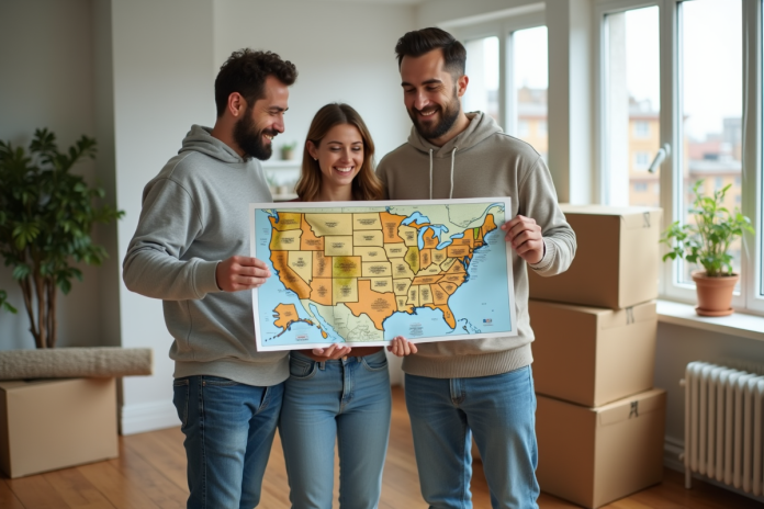 Couple souriant avec carte des Etats-Unis dans leur nouveau logement