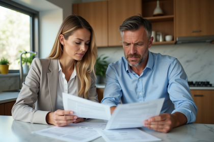 Couple d'adultes regardant des documents d'assurance santé à la maison