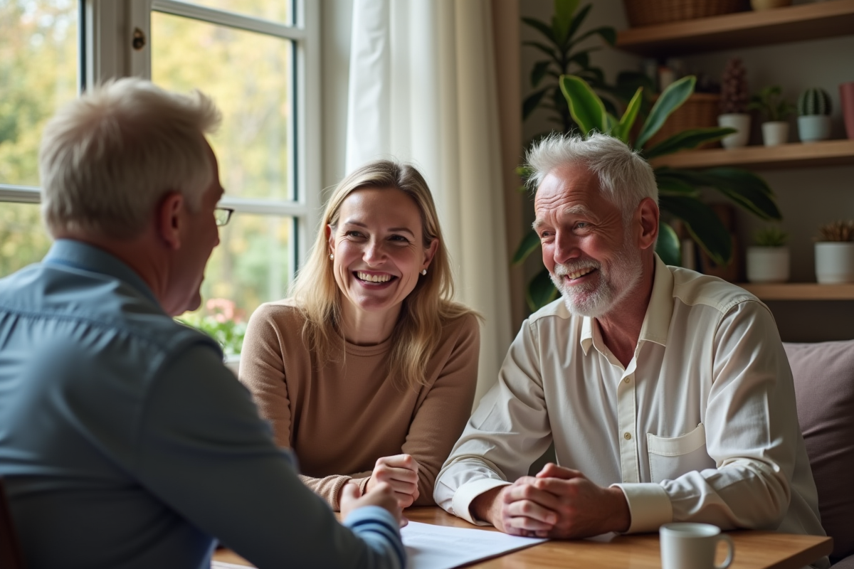 Couple senior heureux recevant conseils dans un salon chaleureux
