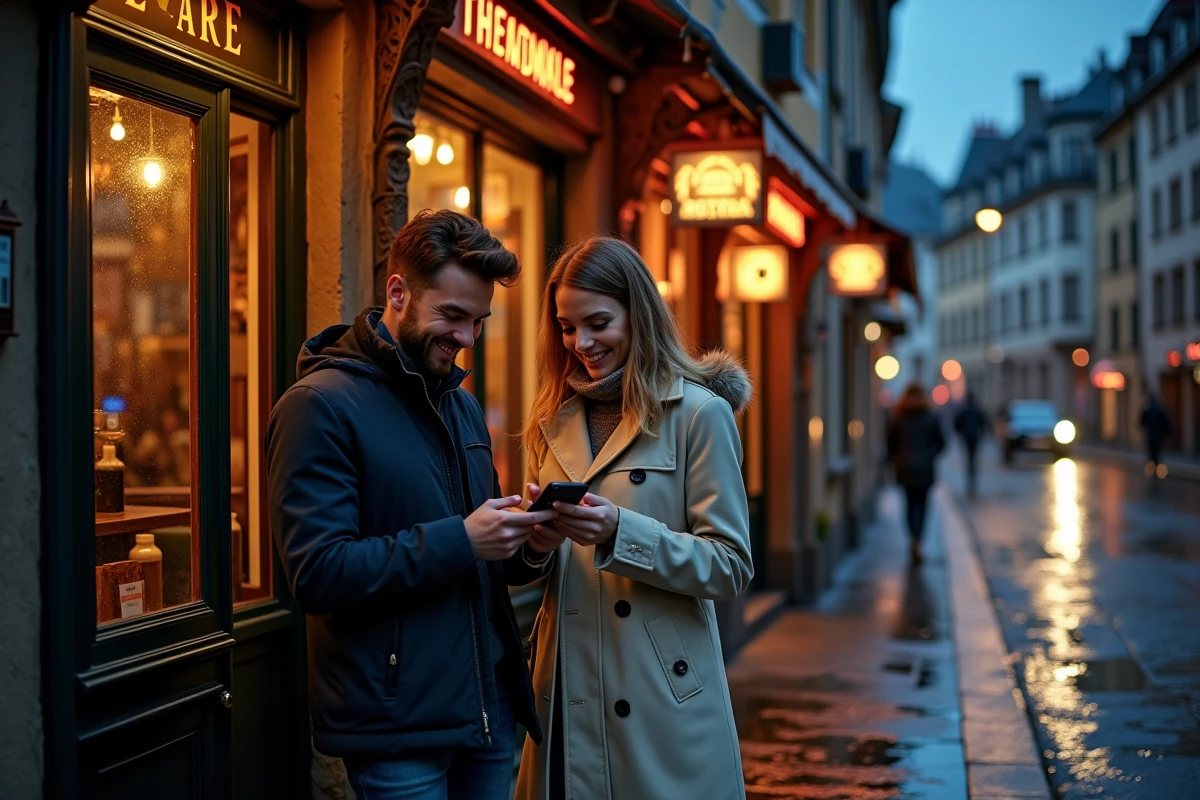 Couple consultant les sorties nocturnes devant un bar en Petite France à Strasbourg