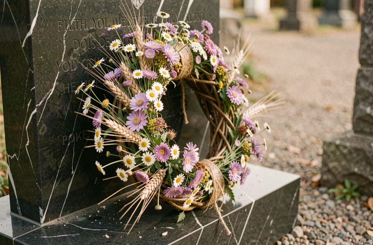 Couronne florale artisanale de fleurs sauvages et de blé posée contre une stèle en marbre noir gravé dans un cimetière