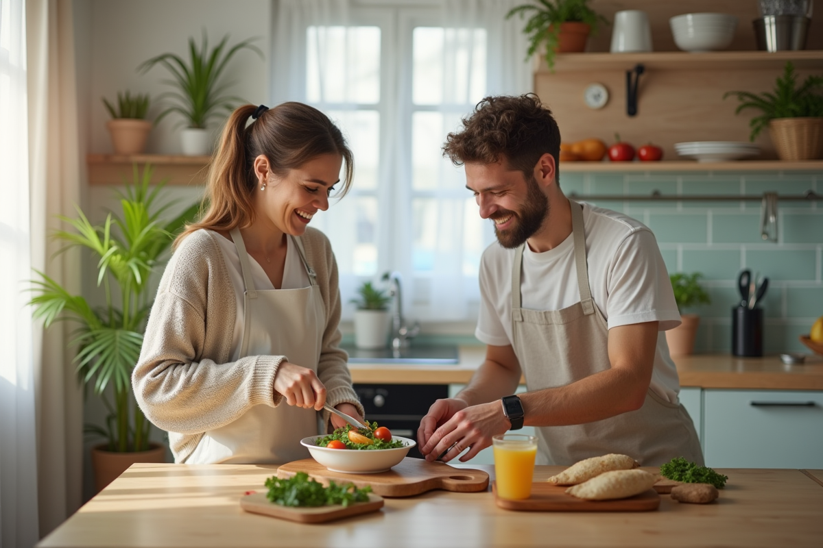 Colocataires préparant un repas dans une cuisine lumineuse