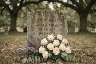 Pierre tombale en granit gris ornée de roses blanches, de lavande et d'eucalyptus dans un cimetière paisible entouré d'arbres