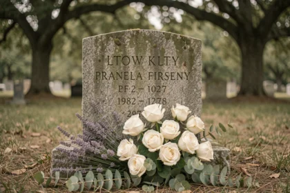 Pierre tombale en granit gris ornée de roses blanches, de lavande et d'eucalyptus dans un cimetière paisible entouré d'arbres