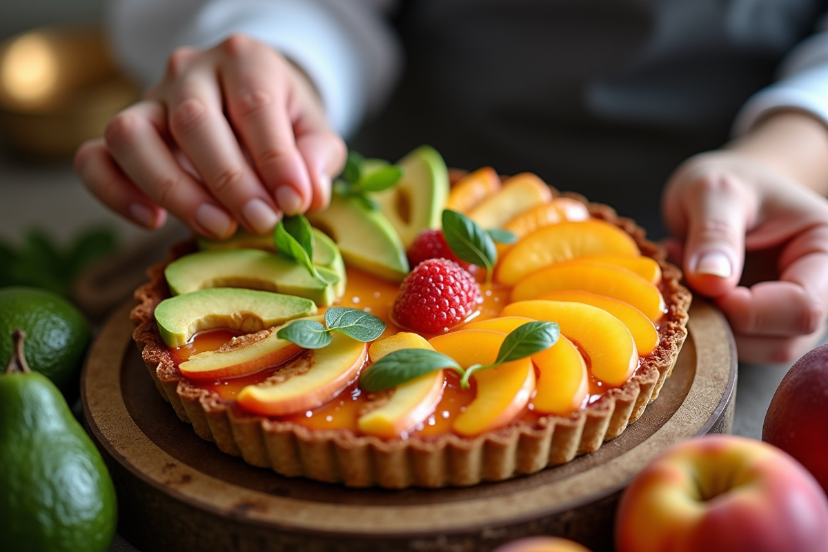 Chef décorant une tarte aux fruits avec tranches de pomme et abricot