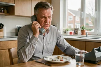 Homme agacé tenant un téléphone fixe à distance lors d'un appel de démarchage téléphonique dans sa cuisine