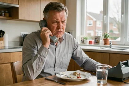 Homme agacé tenant un téléphone fixe à distance lors d'un appel de démarchage téléphonique dans sa cuisine