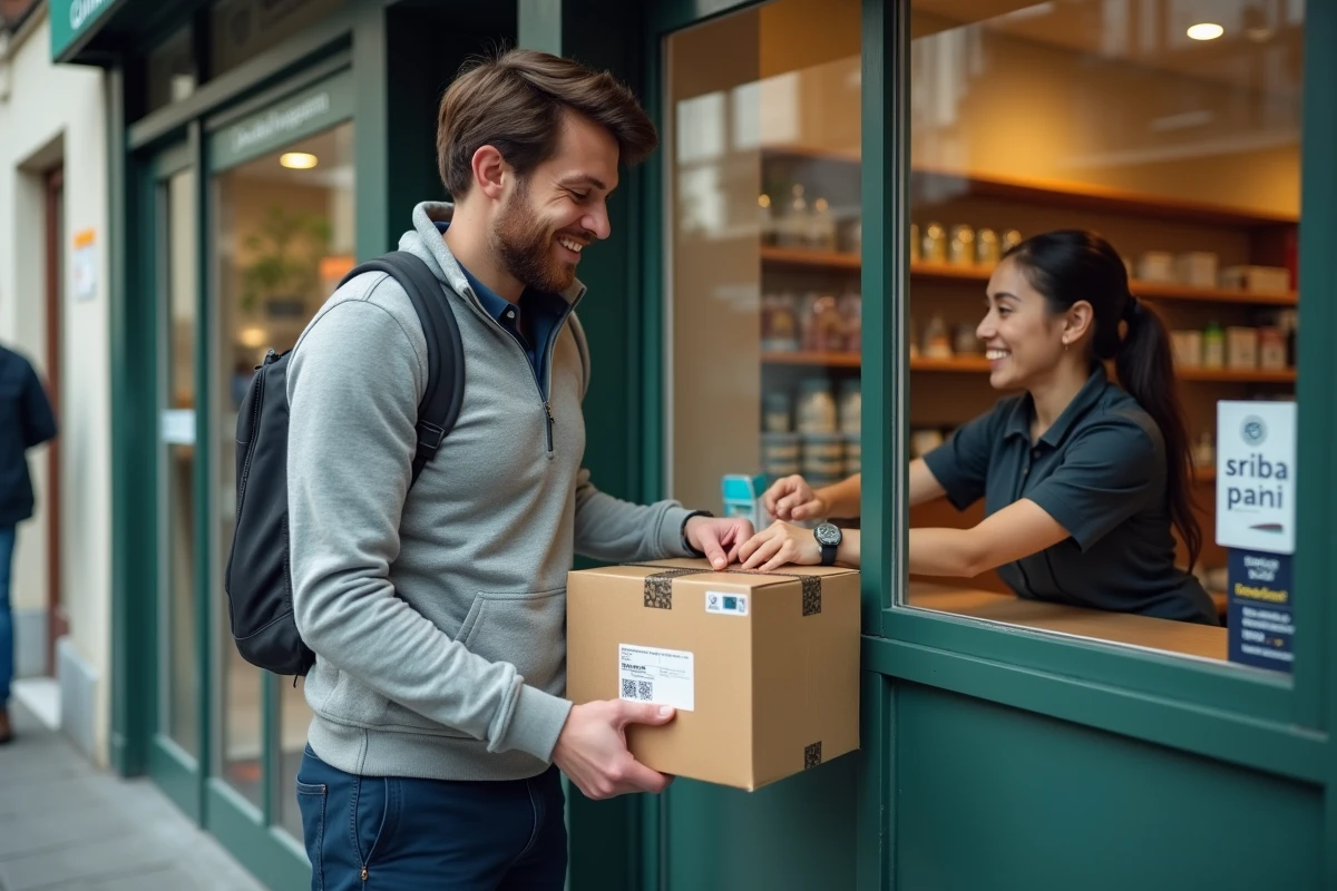 Homme déposant un colis Vinted dans un point relais Mondial Relay en magasin de proximité