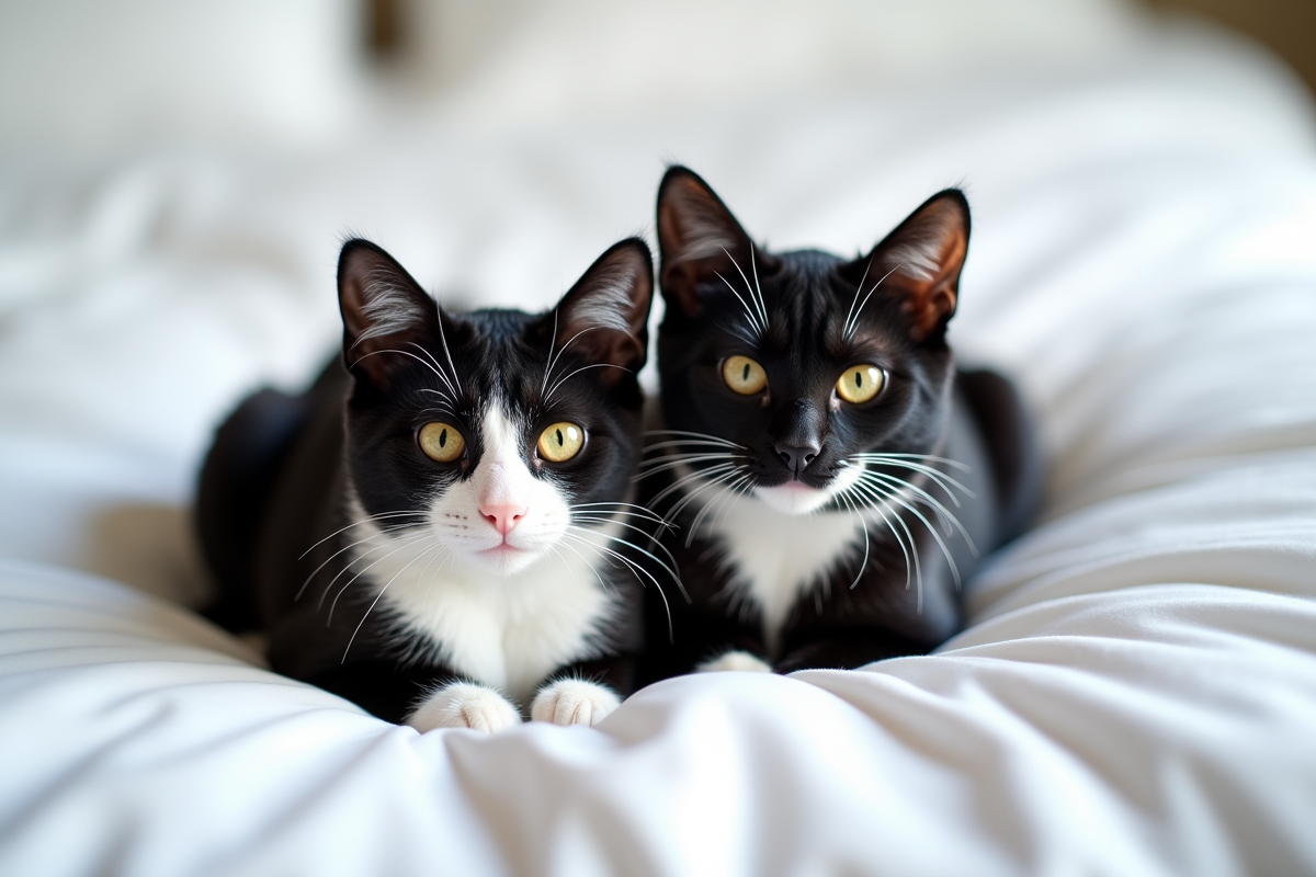 Deux chats noirs et blancs allongés sur une couverture blanche
