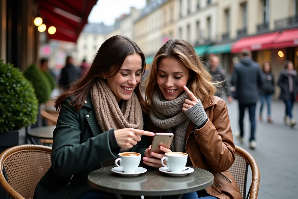 Deux femmes partageant un smartphone en riant sur une terrasse de café parisien, jouant ensemble à un jeu Google sur mobile