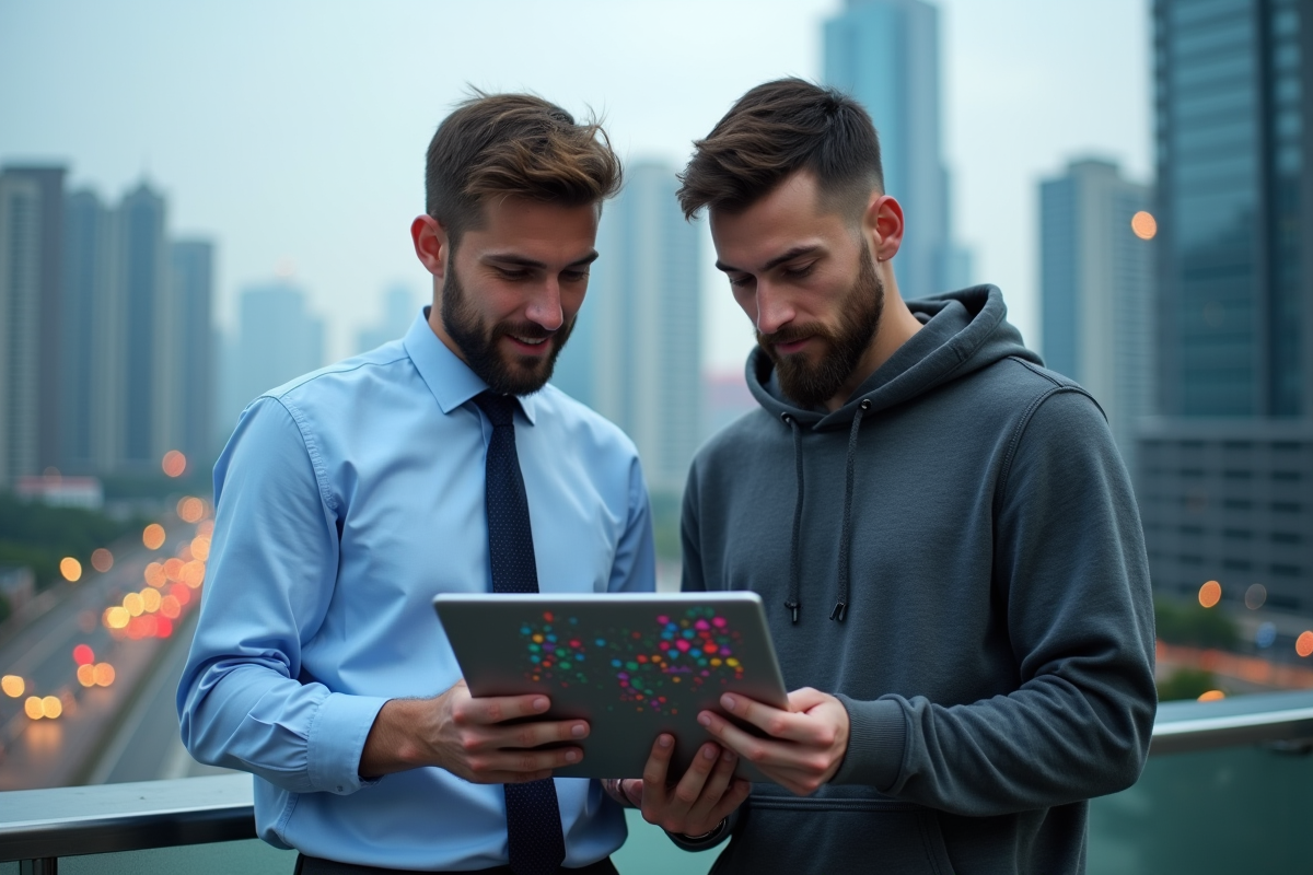 Deux hommes discutant avec une tablette sur un toit urbain