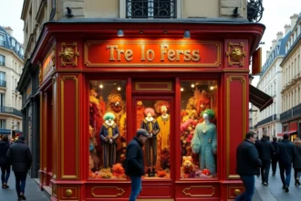 Devanture colorée et vintage de la boutique Au Clown de la République à Paris, spécialisée dans les accessoires de fête et de carnaval