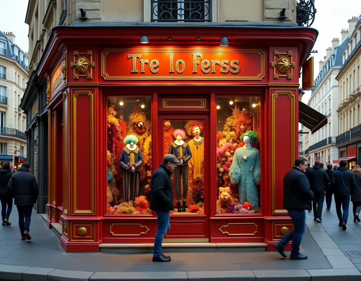 Devanture colorée et vintage de la boutique Au Clown de la République à Paris, spécialisée dans les accessoires de fête et de carnaval