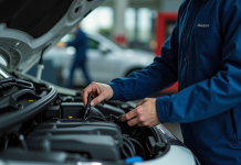 Mecanicien utilisant un outil de diagnostic sur un moteur Peugeot