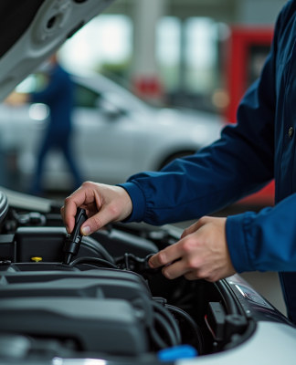 Mecanicien utilisant un outil de diagnostic sur un moteur Peugeot