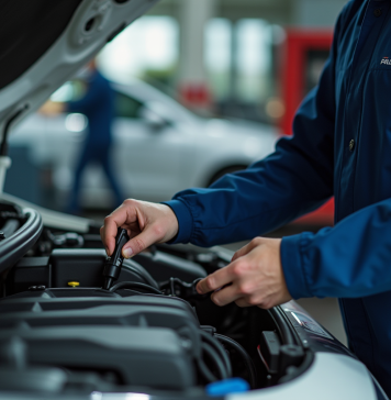 Mecanicien utilisant un outil de diagnostic sur un moteur Peugeot