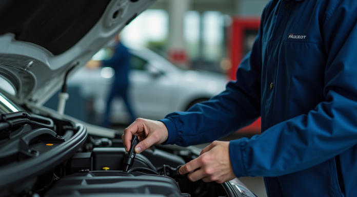 Mecanicien utilisant un outil de diagnostic sur un moteur Peugeot