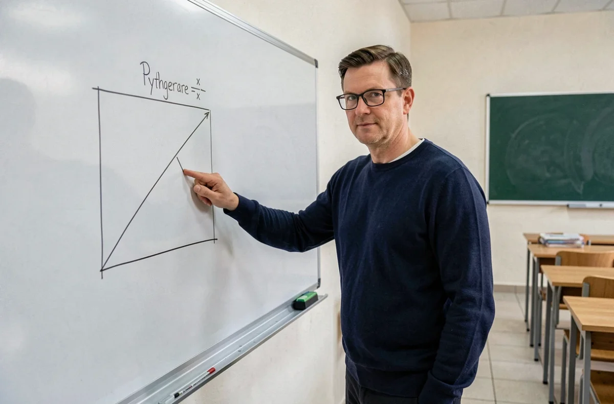 Professeur expliquant le calcul de la diagonale d'un rectangle avec formule de Pythagore sur tableau blanc en classe