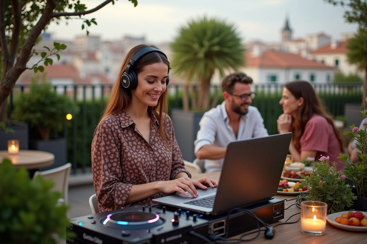 Jeune femme DJ en extérieur lors d