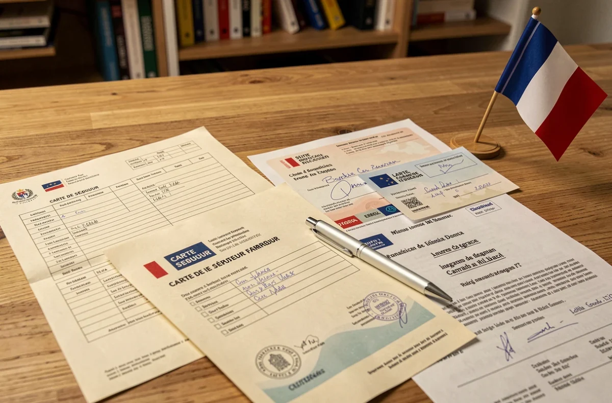 Documents officiels requis pour une demande de nationalité française disposés sur un bureau