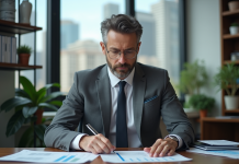 Economiste en costume gris analysant des graphiques financiers