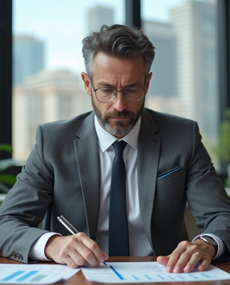 Economiste en costume gris analysant des graphiques financiers