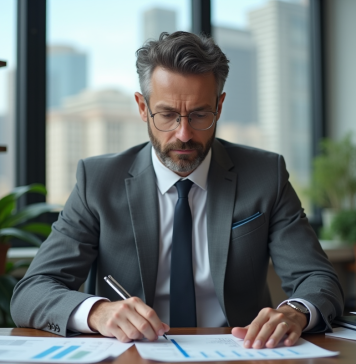 Economiste en costume gris analysant des graphiques financiers