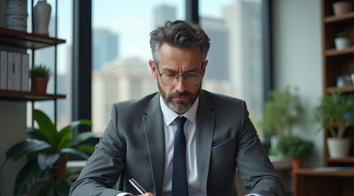 Economiste en costume gris analysant des graphiques financiers