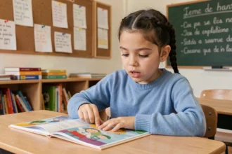 Jeune élève de CE1 lisant une fiche de poésie à son bureau en classe, environnement scolaire authentique
