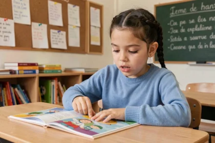 Jeune élève de CE1 lisant une fiche de poésie à son bureau en classe, environnement scolaire authentique