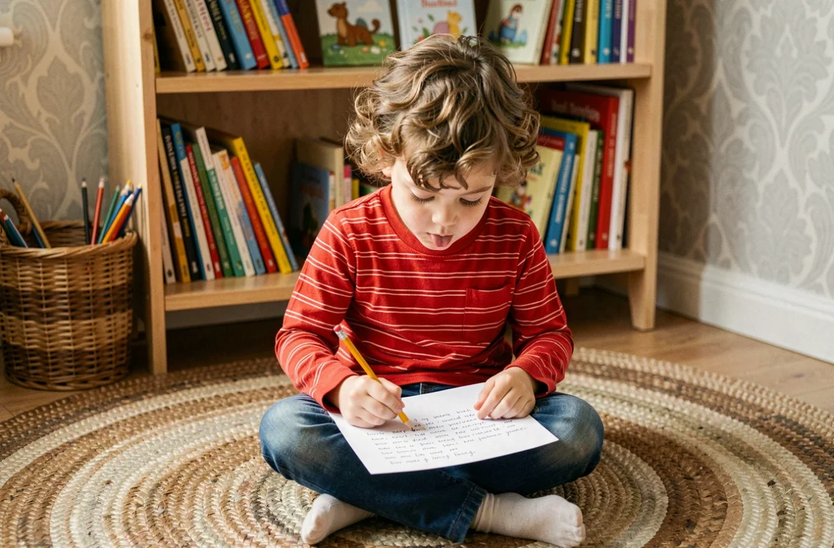 Enfant de CE1 illustrant un poème à la main sur un tapis dans un coin lecture à la maison