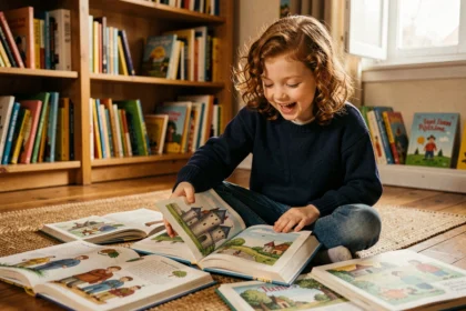 Petite fille lisant un livre illustré sur l'histoire de France entourée de livres pour enfants dans une bibliothèque chaleureuse