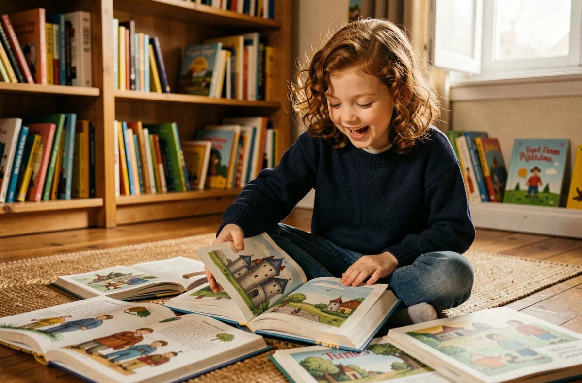 Petite fille lisant un livre illustré sur l'histoire de France entourée de livres pour enfants dans une bibliothèque chaleureuse