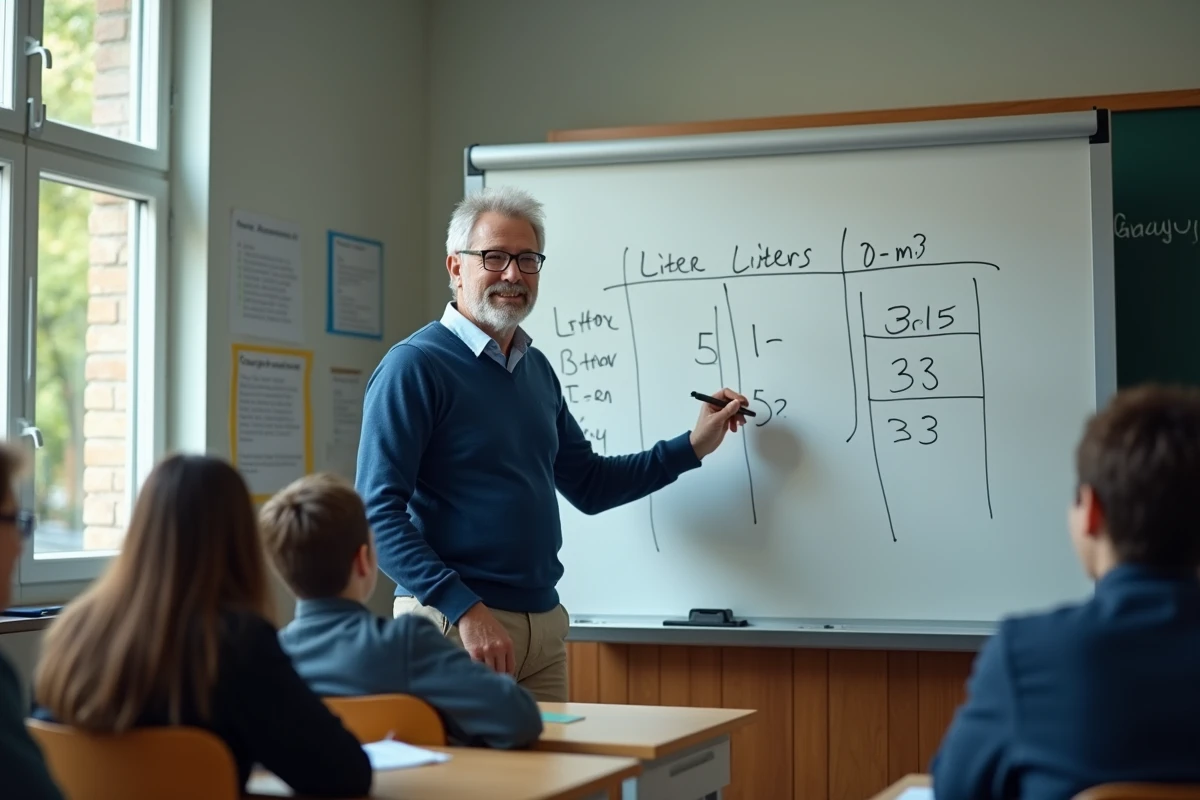 Professeur expliquant un tableau de conversion en classe
