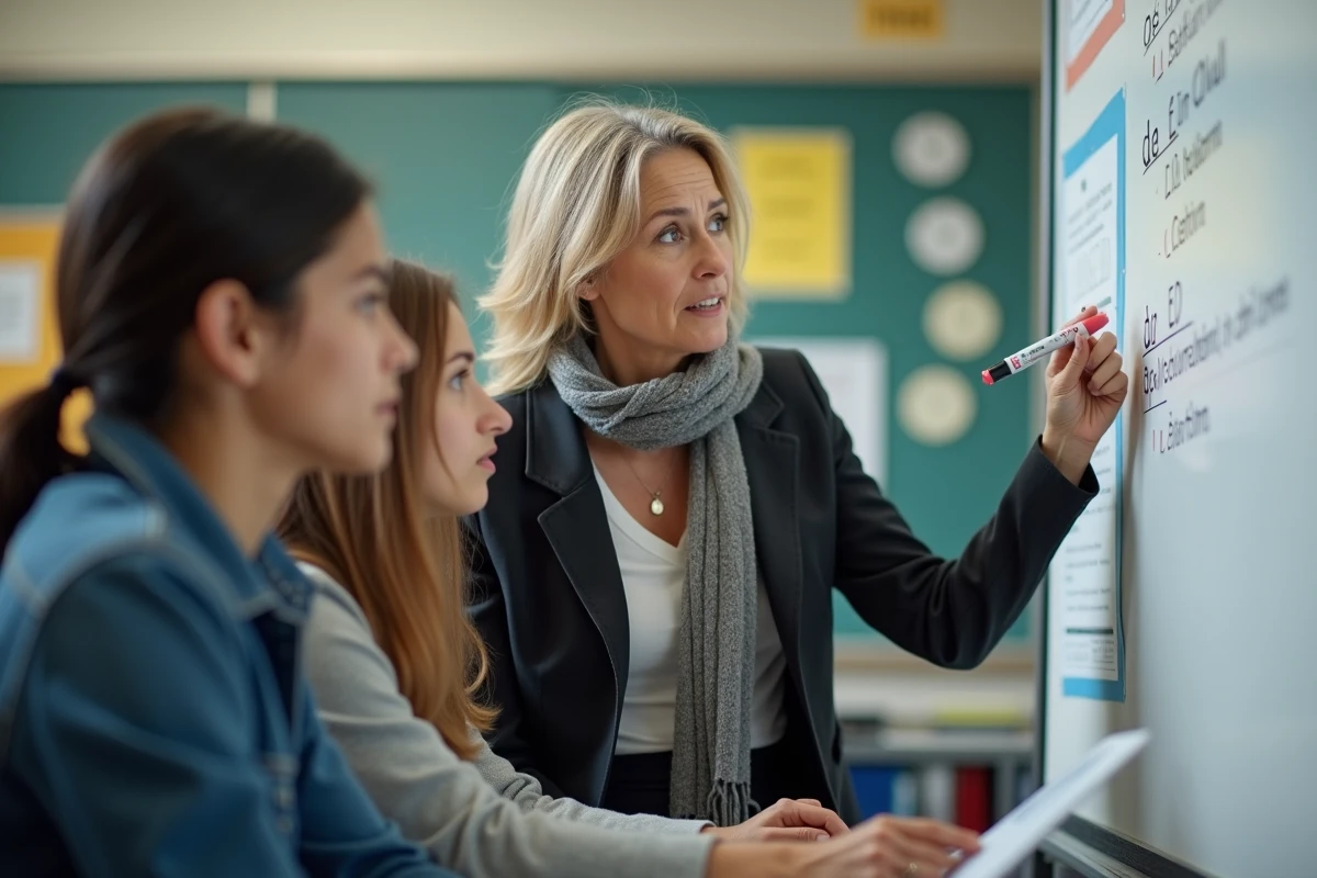 Professeure guidant des élèves dans une salle de classe