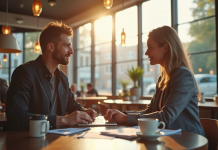 Deux entrepreneurs discutant dans un café lumineux