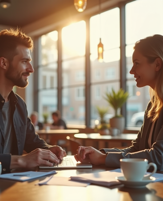Deux entrepreneurs discutant dans un café lumineux