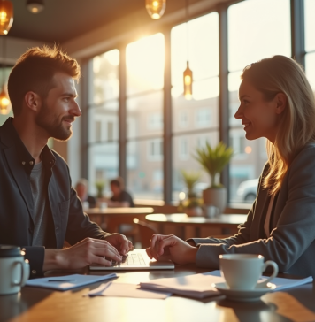 Deux entrepreneurs discutant dans un café lumineux
