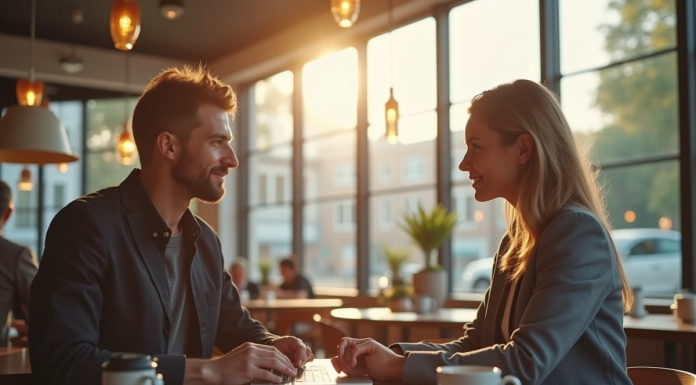 Deux entrepreneurs discutant dans un café lumineux