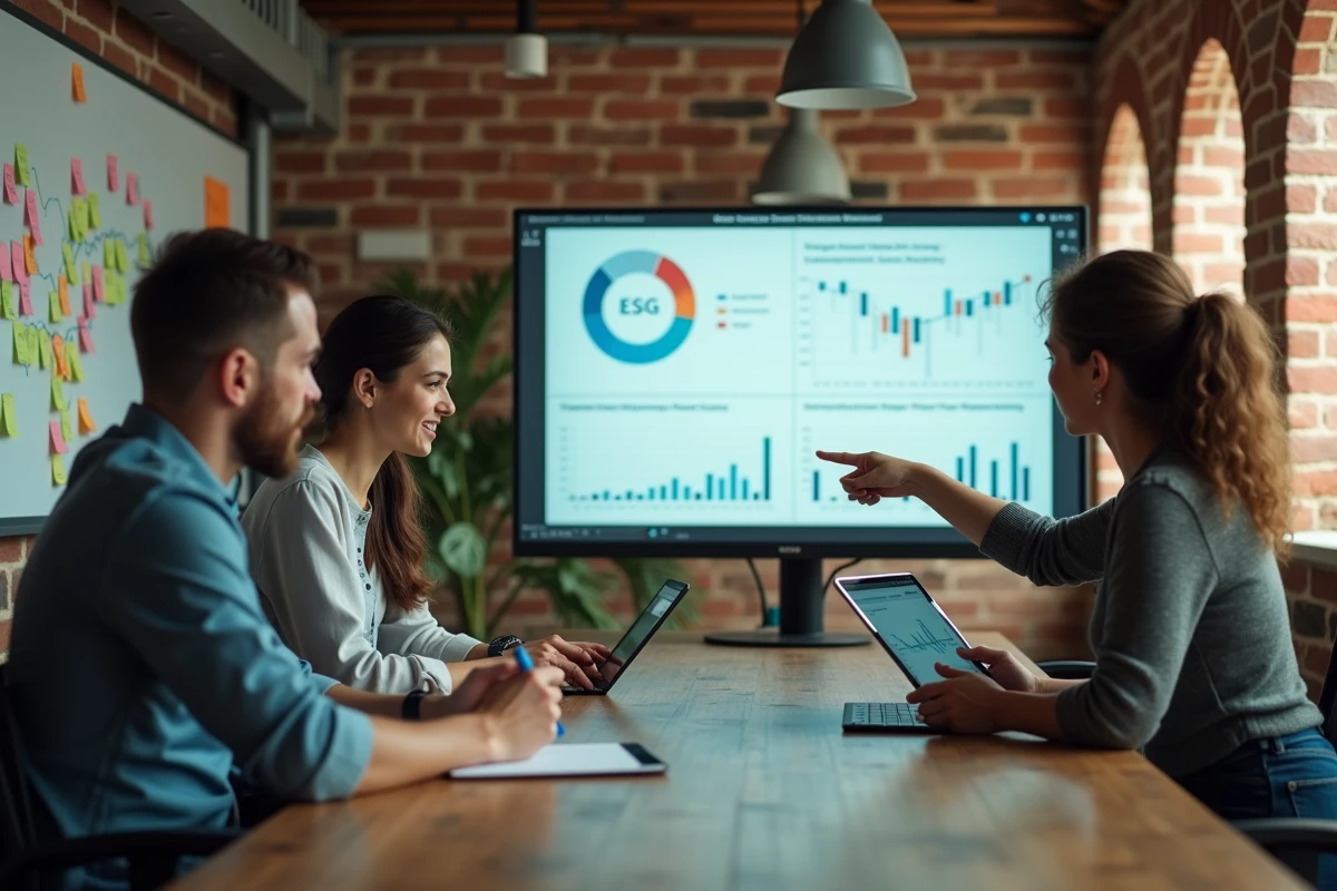 Équipe pluridisciplinaire analysant des indicateurs ESG sur écran lors d'une réunion de reporting collaboratif