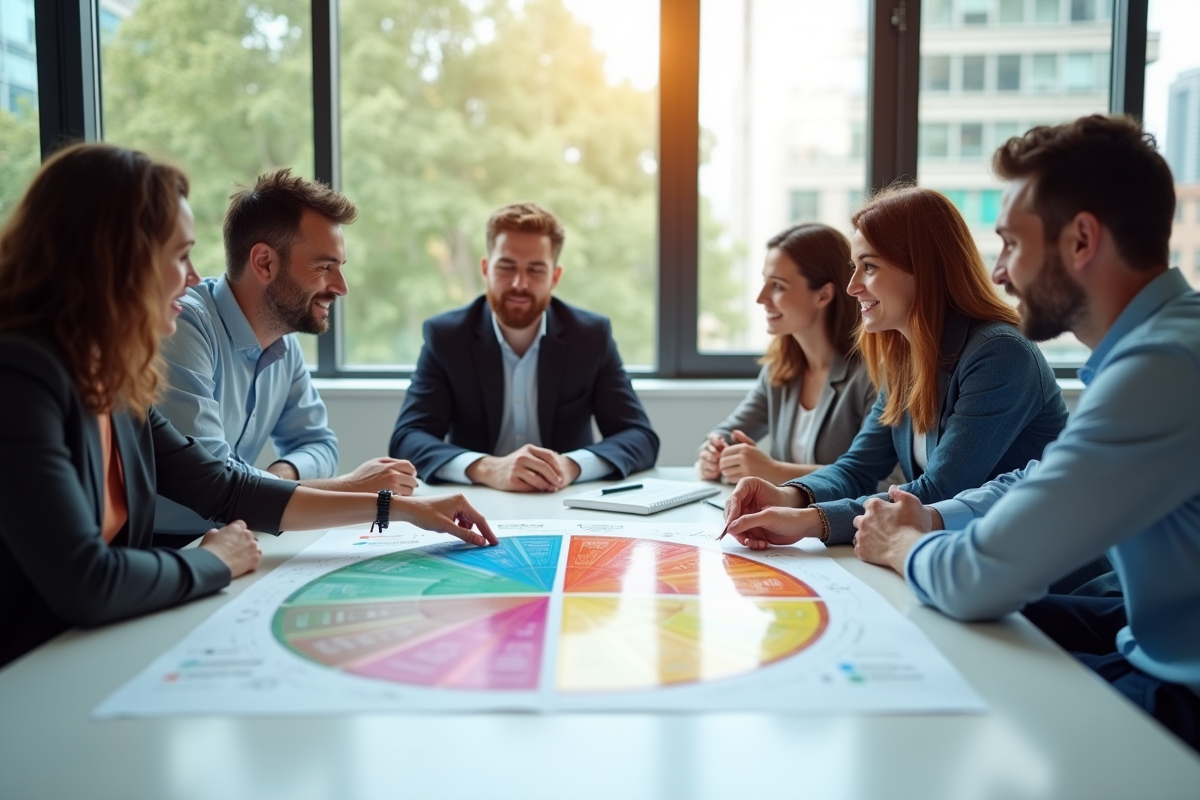 Equipe de professionnels discutant autour d un diagramme coloré