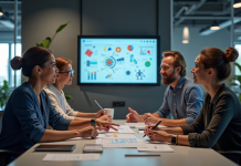 Groupe de professionnels collaborant autour d'un écran interactif