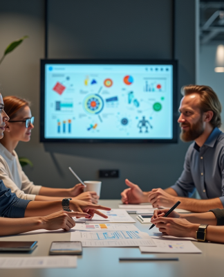 Groupe de professionnels collaborant autour d'un écran interactif