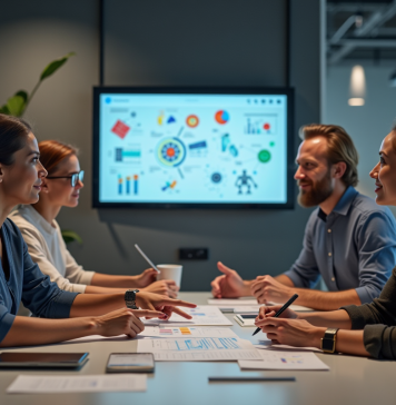 Groupe de professionnels collaborant autour d'un écran interactif