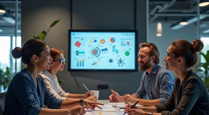 Groupe de professionnels collaborant autour d'un écran interactif