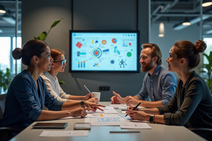 equipe-pros-travail-innovation Groupe de professionnels collaborant autour d'un écran interactif