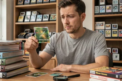 Collectionneur examinant attentivement une carte Pokémon holographique rare pour en estimer la valeur