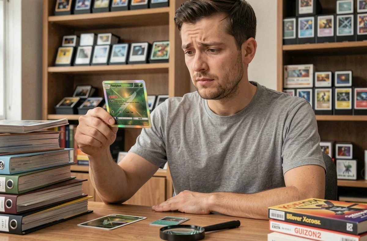 Collectionneur examinant attentivement une carte Pokémon holographique rare pour en estimer la valeur