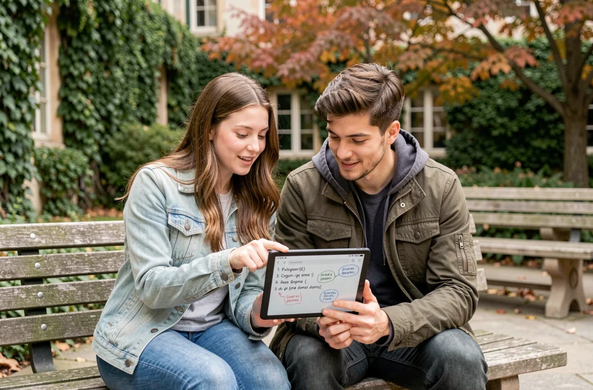Deux étudiants révisant ensemble une règle de grammaire française sur une tablette en plein air sur un campus